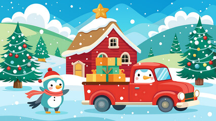 Fototapeta premium A charming penguin in a red hat and scarf stands near a red truck filled with presents.