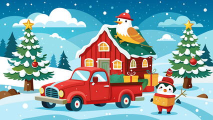 Naklejka premium A cute penguin carries a gift near a red truck loaded with Christmas trees and presents, headed towards a snowy house with a bird on the roof. Festive winter scene.