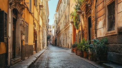 Fototapeta premium Charming Historic Alleyway in a Serene Italian Neighborhood with Cobblestone Streets and Vibrant Plants in Pots Surrounded by Elegant Architecture