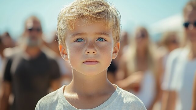 A child with blonde hair and blue eyes gazes thoughtfully at the camera while surrounded by blurred figures in a bright outdoor setting during summer