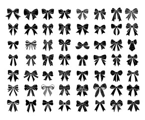 Naklejka premium Decorative bows black icons. Wrapping gift favor ribbon, xmas christmas decor tape anniversary day strip packaging band accessory lace, isolated vector on white backdrop