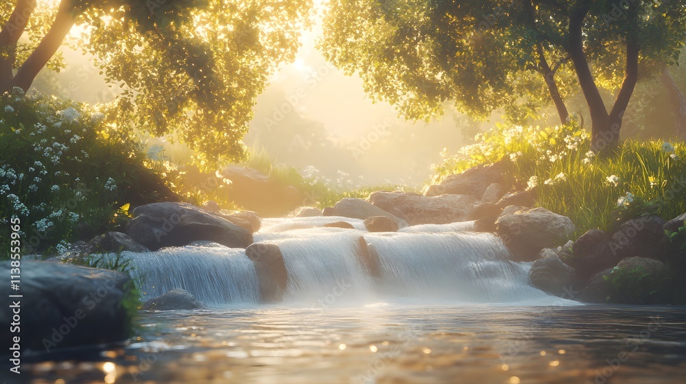 Aufkleber tranquil stream with cascading waterfalls surrounded by lush greenery and vibrant flowers in a seren