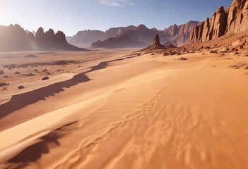 Naklejka premium A vast, empty desert with nothing but sand and rock formations as far as the eye can see , isolation, sandy dunes, endless expanse