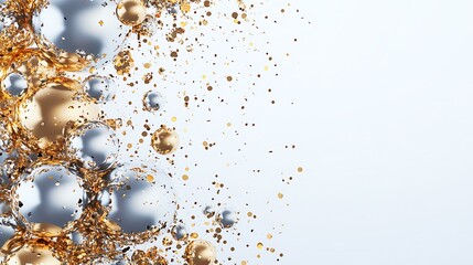 Stylish corner layout of metallic decor and vibrant confetti scattered in celebration on a white background