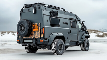 Obraz premium Rugged all-terrain camper van on snowy landscape with mountains in the distance