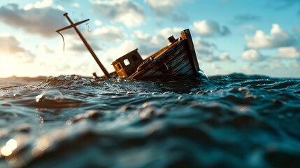 A weathered boat partially submerged in choppy waters under a vibrant sky, capturing a sense of adventure and resilience in nature's elements.