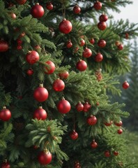 Branches heavy with ornaments in shades of bright red and green are draped over a fir tree , festive lights, holiday decorations