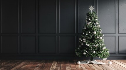 Fototapeta premium Christmas tree with silver decorations on a black wall 
