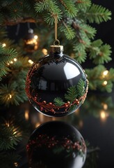 Mirrored bauble with spruce twig accents on black surface, glass art , festive centerpiece, mirror decoration
