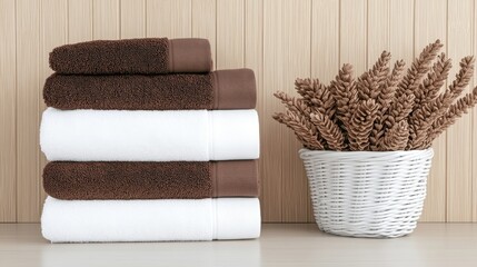 A wooden bucket filled with towels rests amidst a tranquil spa setting, inviting relaxation and self-care in a steam room environment