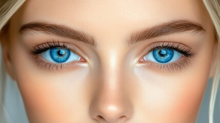 Obraz premium A young woman gazes directly at the viewer, her captivating blue eyes highlighted by natural makeup. Soft lighting enhances her features and flawless skin, creating an elegant appearance