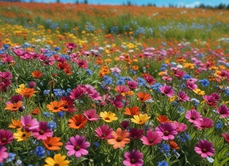 colorful flowers blooming in a vibrant meadow under a clear blue sky, garden, meadow, floral arrangement