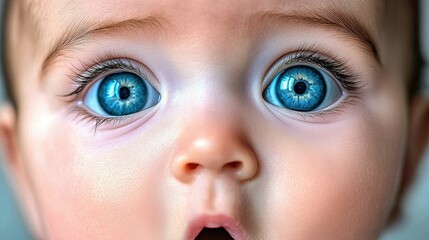 Naklejka premium Close-up of a baby showcasing vibrant blue eyes and a surprised expression. The softness of the skin and sharp eye details highlight innocence and curiosity