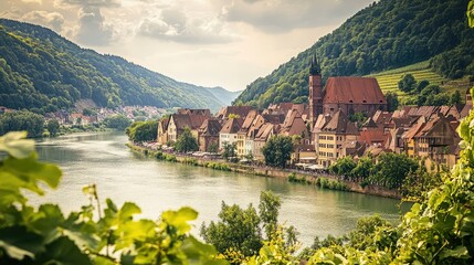 Fototapeta premium Scenic view of a quaint riverside village surrounded by lush green hills and dramatic clouds under a bright sky, capturing a perfect moment in nature's embrace.