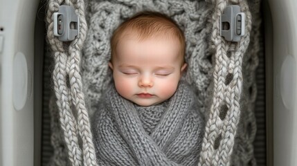 A baby is wrapped snugly in a soft, knitted blanket, lying in a specially designed sleeping space. The serene environment highlights the child's calm expression and warmth