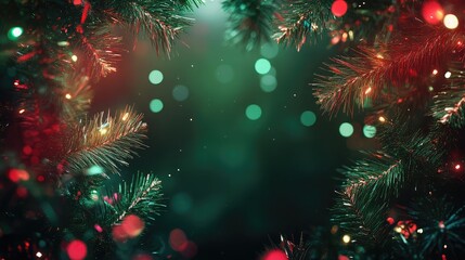 Red and green Christmas lights framing pine branches on a festive background
