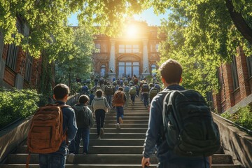 Fototapeta premium Students ascending steps to knowledge university campus educational scene natural light inspirational viewpoint