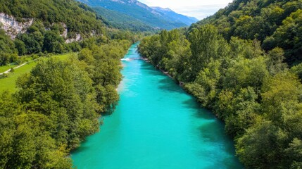 Obraz premium Serene Aerial View of Turquoise River Surrounded by Lush Green Forests