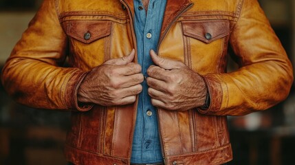 Fototapeta premium A man is fastening his brown leather jacket over a denim shirt, showing a relaxed style in a rustic indoor environment filled with warm tones
