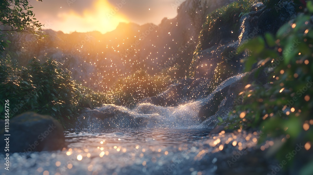 Poster serene mountain stream at sunrise with sparkling water drops and gentle mist surrounded by lush gree