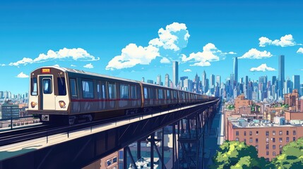 Fototapeta premium A high-speed train on elevated tracks, with a vibrant city skyline stretching across the horizon under a clear blue sky