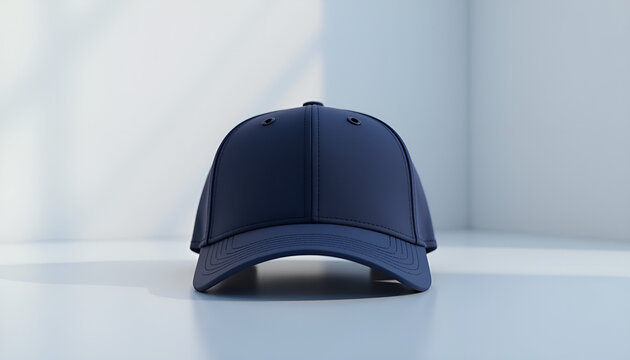 Fashionable navy blue cap mockup on bright background with soft shadows

