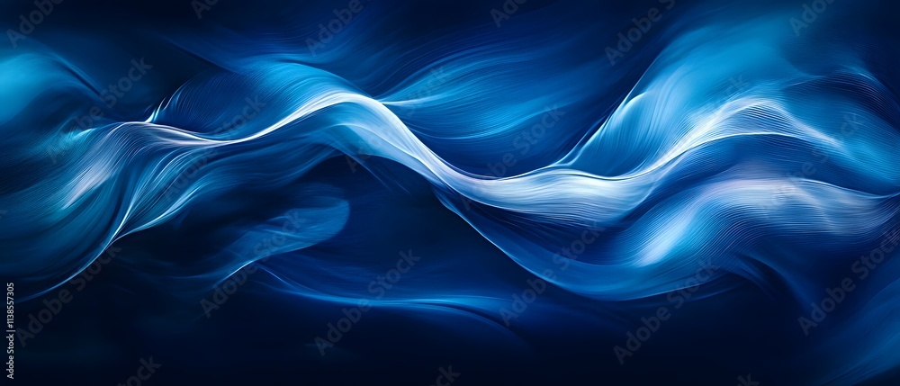 Poster ethereal flow of blue and white waves depicting serenity and calmness in a dreamlike abstract backgr