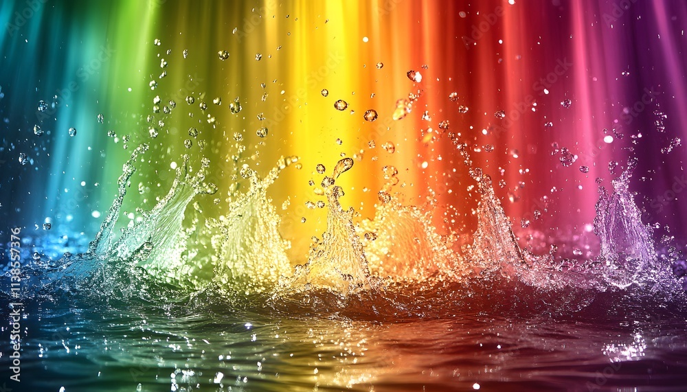 Poster vibrant and colorful splash of water droplets against a multicolored background with rainbow hues an
