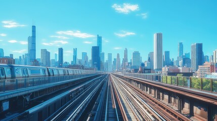 Fototapeta premium A high-speed train on elevated tracks, with a vibrant city skyline stretching across the horizon under a clear blue sky