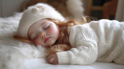 Obraz premium A young child rests peacefully on a fluffy blanket, wearing a cozy white sweater and a fur hat. The warm indoor setting creates a serene winter atmosphere