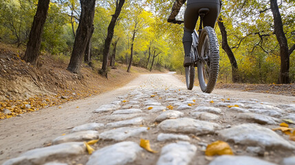 Mountain biker conquers rugged trails in vibrant autumn landscape with motion and excitement captured from a dynamic low angle perspective