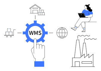 Hand pointing at WMS icon, connected to warehouse, factory, and export cart. Woman with laptop managing processes. Ideal for logistics, manufacturing, warehousing, supply chain, e-commerce, global