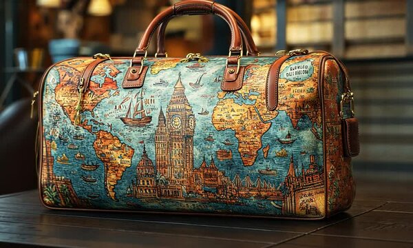 A vintage-style travel bag featuring a world map and iconic landmarks.