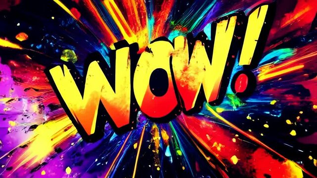 Colorful explosion with the word WOW written in the middle. The explosion is made up of many different colors and shapes
