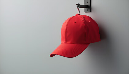Fashionable red cap mockup hanging on wall hook against gray background