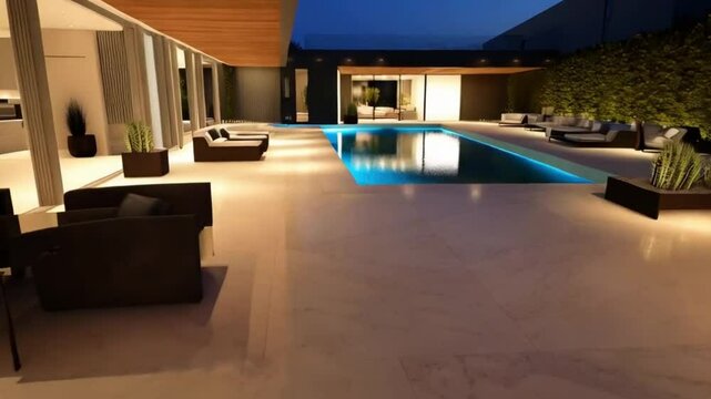 A modern smart home featuring a pool and an outdoor patio space, illuminated for nighttime ambiance.
