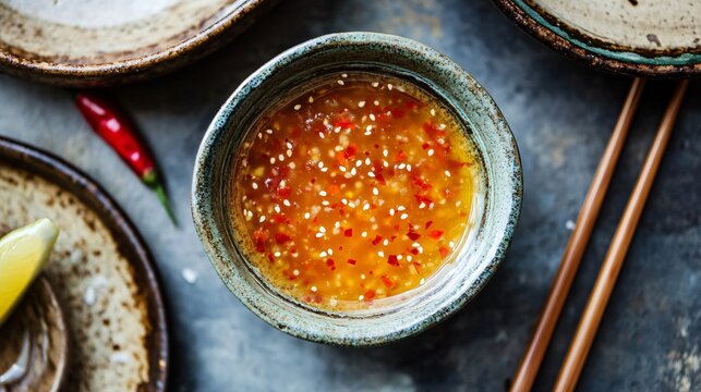 Egg roll dipping sauce in a delicate glass bowl, surrounded by rustic ceramic plates and chopsticks