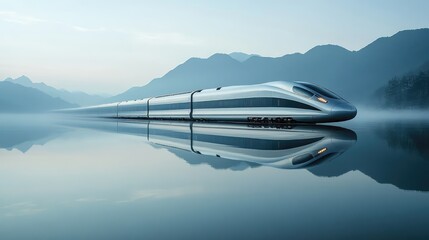 Obraz premium A high-speed train passing through a glassy lake, with its sleek design perfectly reflected on the calm water surface