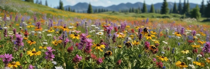 Obraz premium Bumble bees flying towards a patch of colorful wildflowers in a meadow, meadow, insects