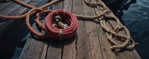 Rope secured to a wooden cleat on a boat moored at the edge of a dock in deep dark waters , vessel,...