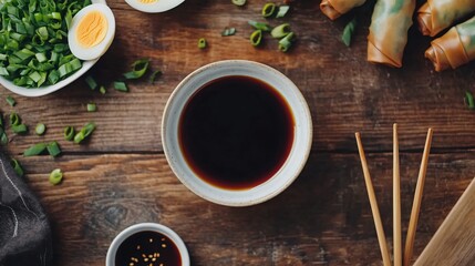 Overhead view of dipping sauce surrounded by egg rolls, soy sauce dishes, and rustic wooden chopsticks