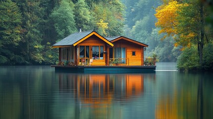 Fototapeta premium A floating house on a calm river with vibrant reflections.