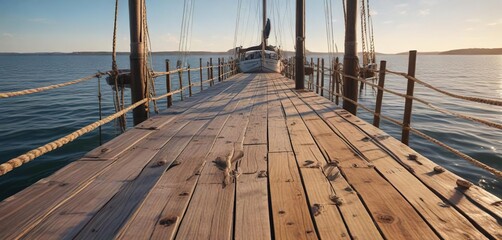 Naklejka premium Sailing boat docked at the end of a long wooden pier with ropes tied securely to mooring posts , boat, harbor