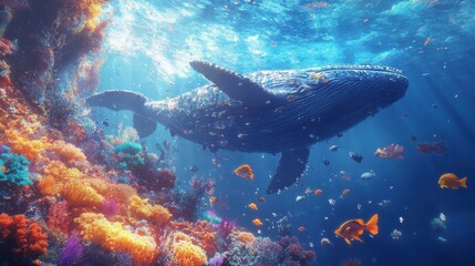 Fototapeta premium Majestic whale swimming through vibrant coral reef underwater scene tropical ocean ethereal light marine life exploration