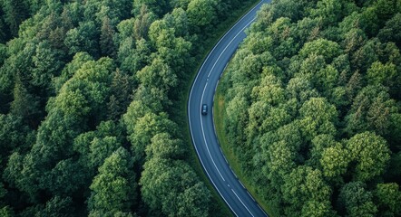 Winding road through lush green forest in a serene natural landscape