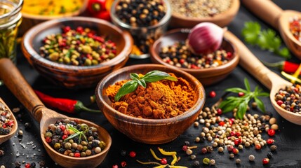 Colorful spices and herbs arranged in bowls on a wooden surface