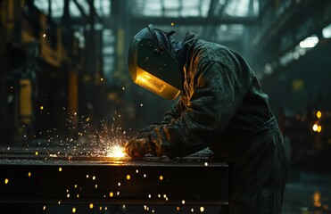 Skilled worker engaged in metalworking with sparks flying in a factory setting