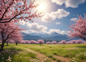 Cherry blossoms in a field with sunshine and clouds in the background, pink flowers, cherry blossoms, clouds