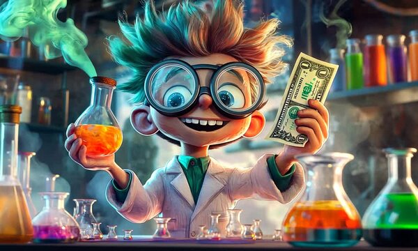 Whimsical Child Scientist Holding a Dollar Bill and a Beaker of Glowing Liquid