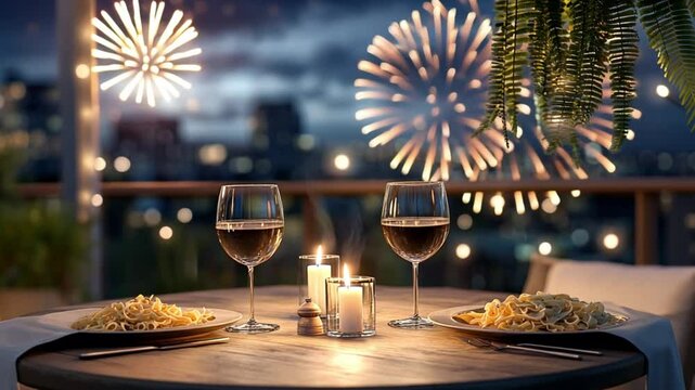 Romantisches Candle-Light-Dinner auf Balkon bei Feuerwerk